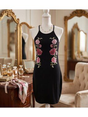 Derek heart Dress With Pink Rose size L Embroidery Womens Floral Mini Dress